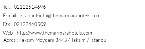 The Marmara Taksim telefon numaralar, faks, e-mail, posta adresi ve iletiim bilgileri
